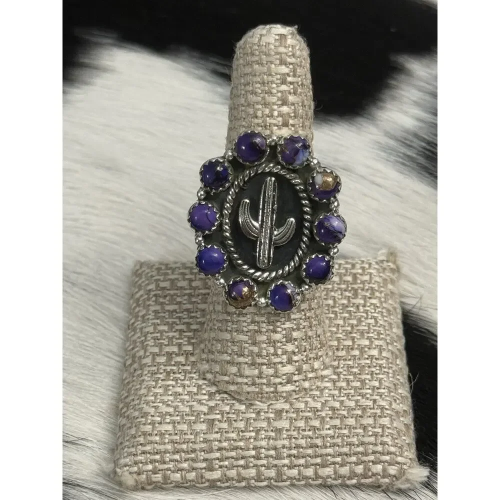 Native American Sterling Silver Purple Mojave Prickly Cactus Story Teller Ring